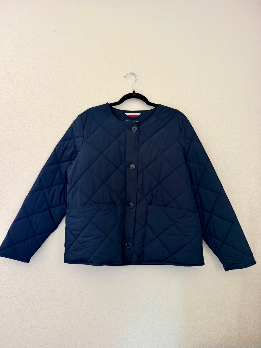 Tommy Hilfiger Navy Diamond Quilted Collarless Jacket Women’s L